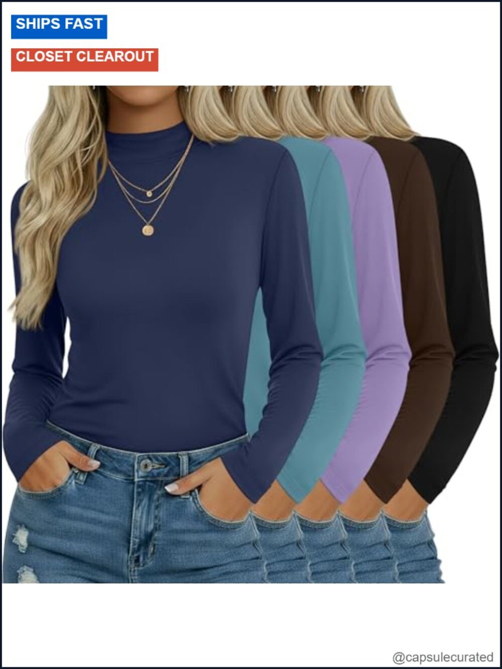 5 Pack Women's Long Sleeve Mock Turtleneck Base Layer Cotton Stretch Tops